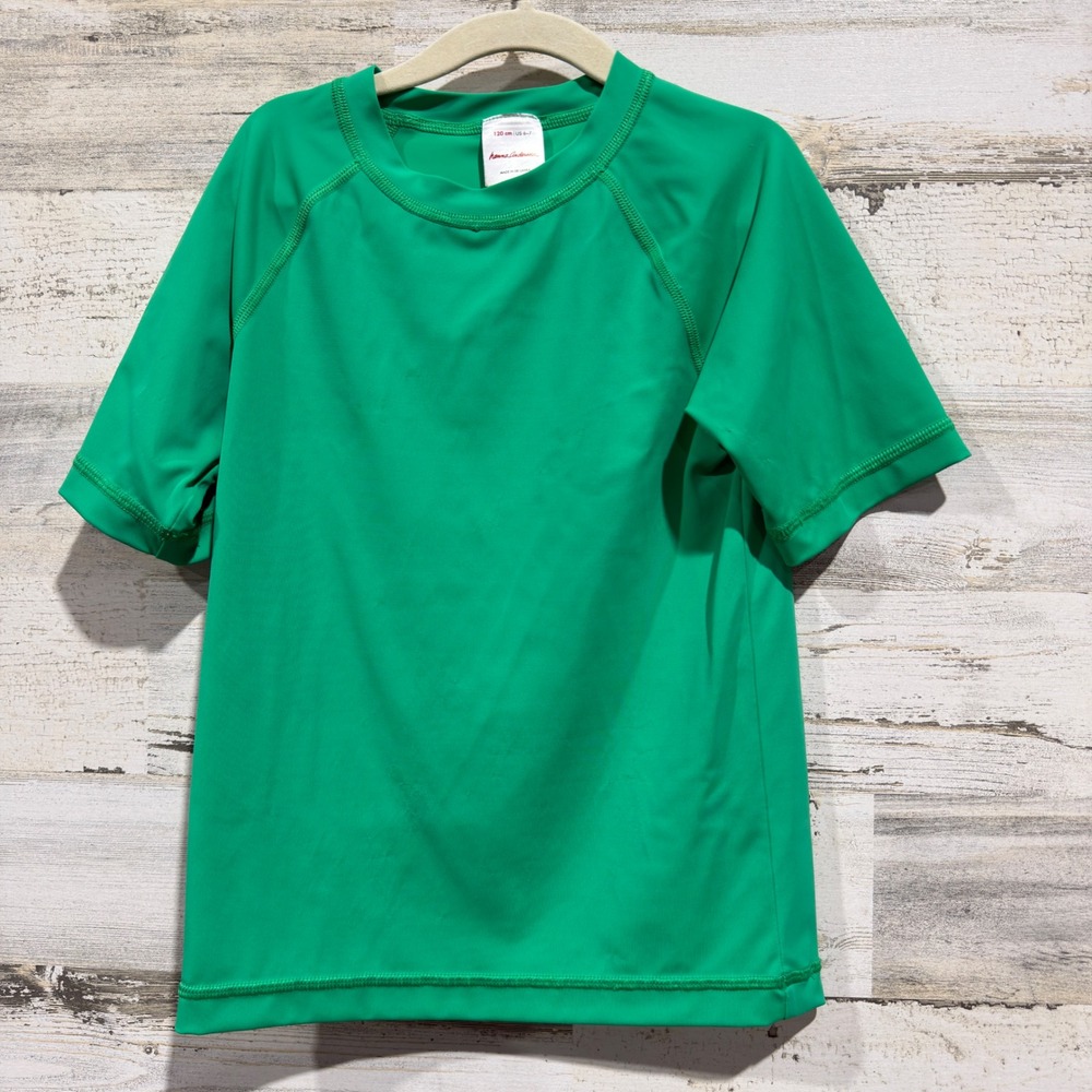 Hanna Andersson Rash Guard Kids 6-7 Green Short Sleeve Swim Shirt *Flawed